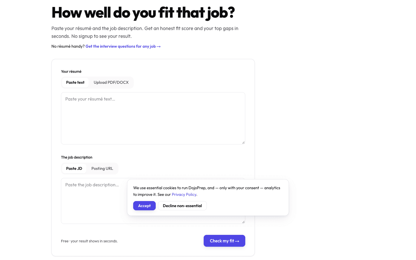DojoPrep fit-check page with résumé and job description fields