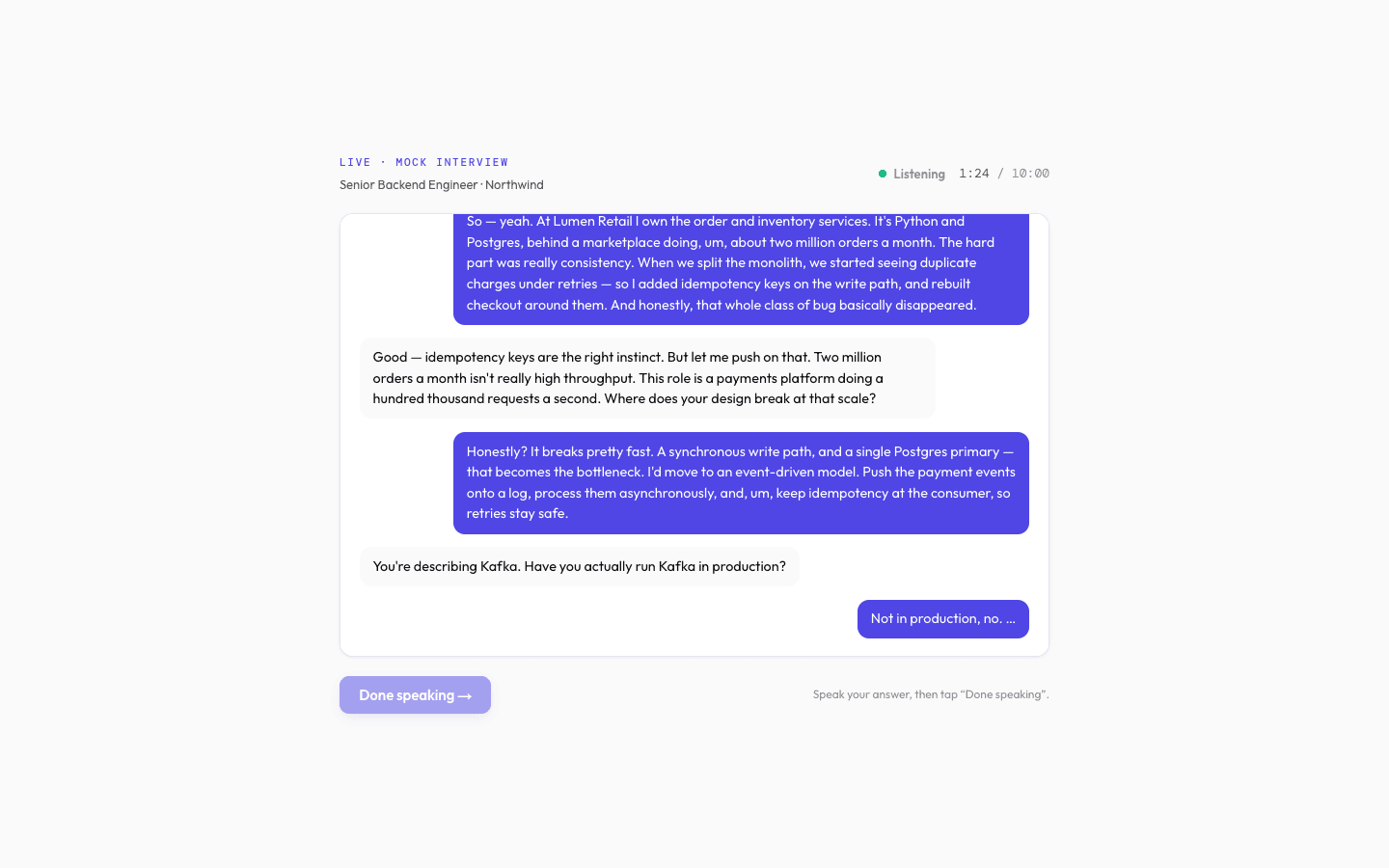 DojoPrep live mock interview for a Senior Backend Engineer role, showing the interviewer's question and the candidate's transcribed answer