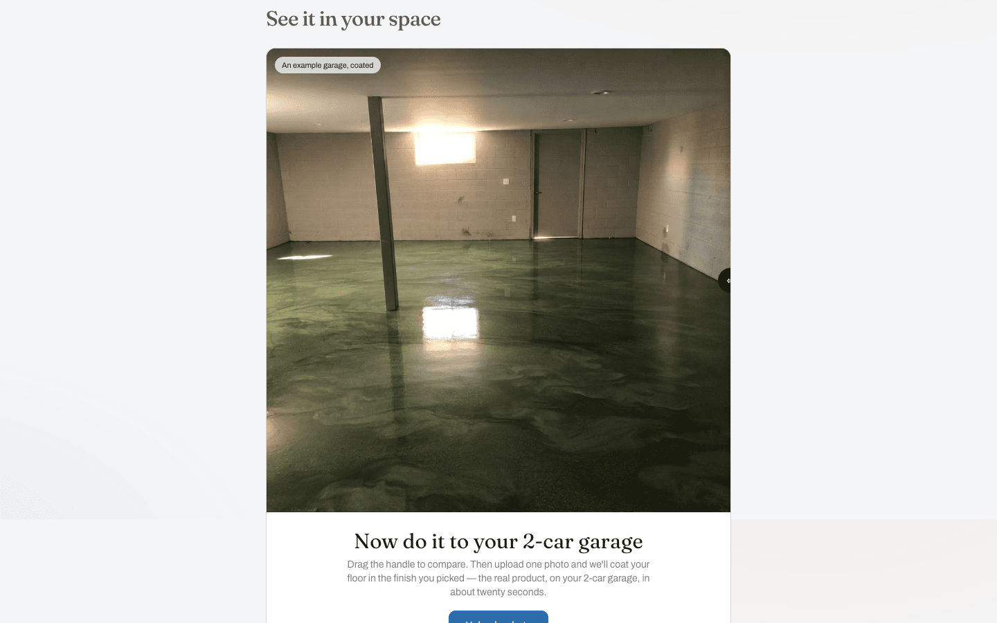 Pictimate estimator showing a rendered basement floor in a flake finish with an upload prompt beneath it