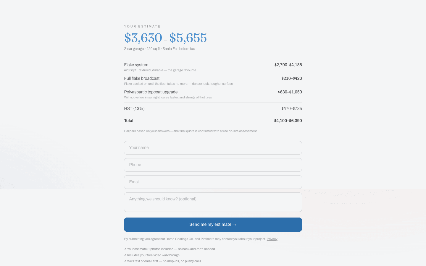 A Pictimate estimate of $3,630 to $5,655 for a 2-car garage with line items and HST
